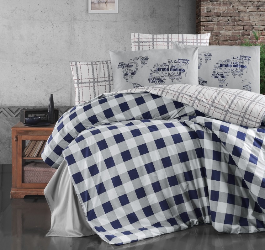 Постельное бельё ранфорс “Edmon Navy Blue” двуспальный пододеяльник-одеяло